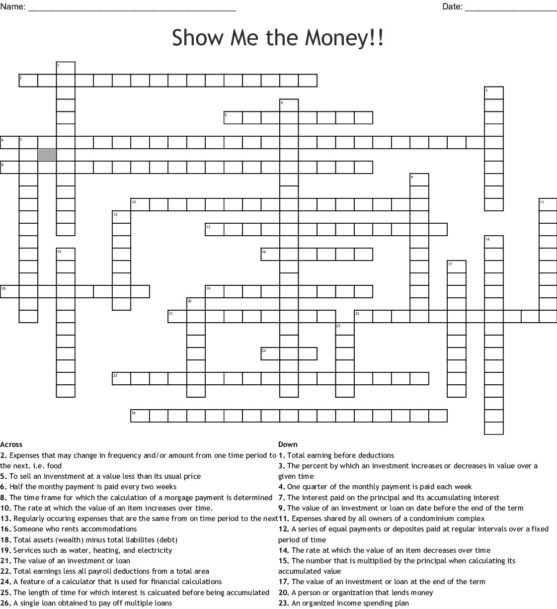 Show Me The Money!! Crossword - Wordmint - Printable Crossword Puzzle Money
