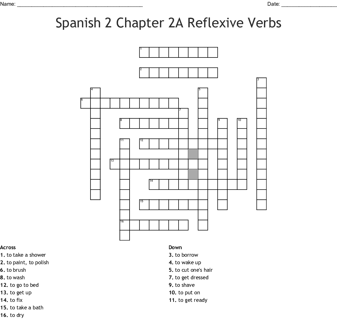 Spanish 2 Chapter 2A Reflexive Verbs Crossword - Wordmint - Crossword Puzzle Printable In Spanish