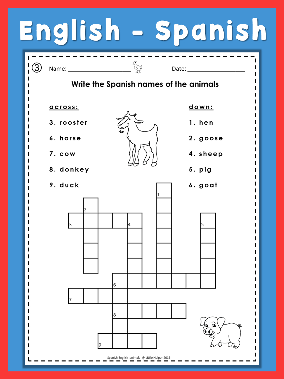 Spanish English Crossword Puzzles Los Animales | Dual Language Super - Printable Spanish Crossword Puzzle