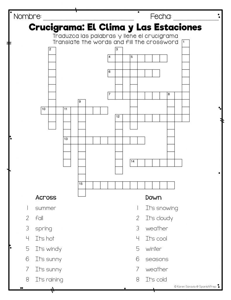 Spanish Seasons And Weather: Crossword &amp;amp; Word Searchel Tiempo Y Las - Printable Crossword Puzzles In Spanish