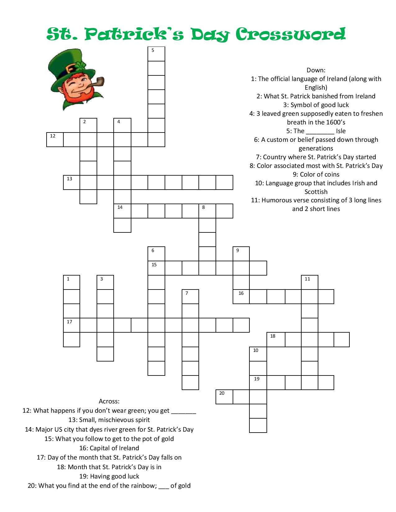 St. Patrick&amp;#039;s Day Crossword | Children Education | St Patrick Day - St Patrick&amp;#039;s Day Crossword Puzzle Printable