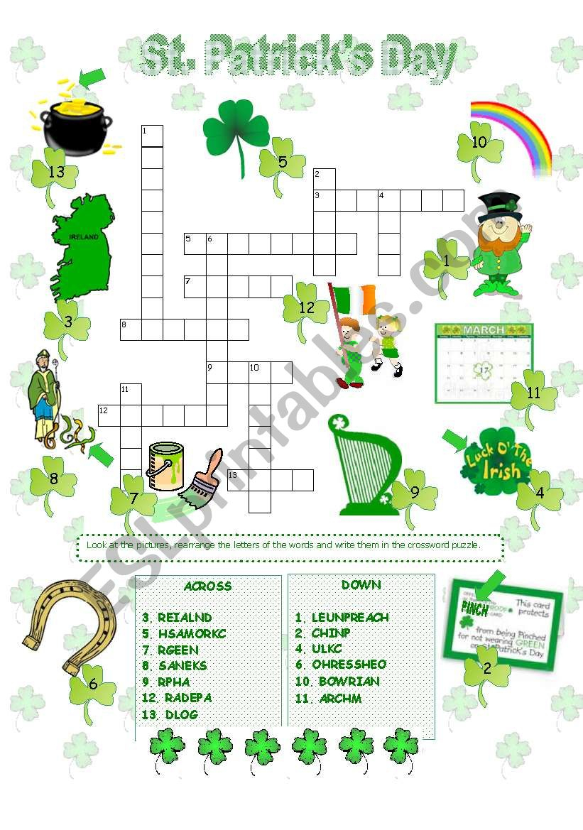 St. Patrick´s Day Crossword - Esl Worksheetanna P - St Patrick&amp;#039;s Day Crossword Puzzle Printable