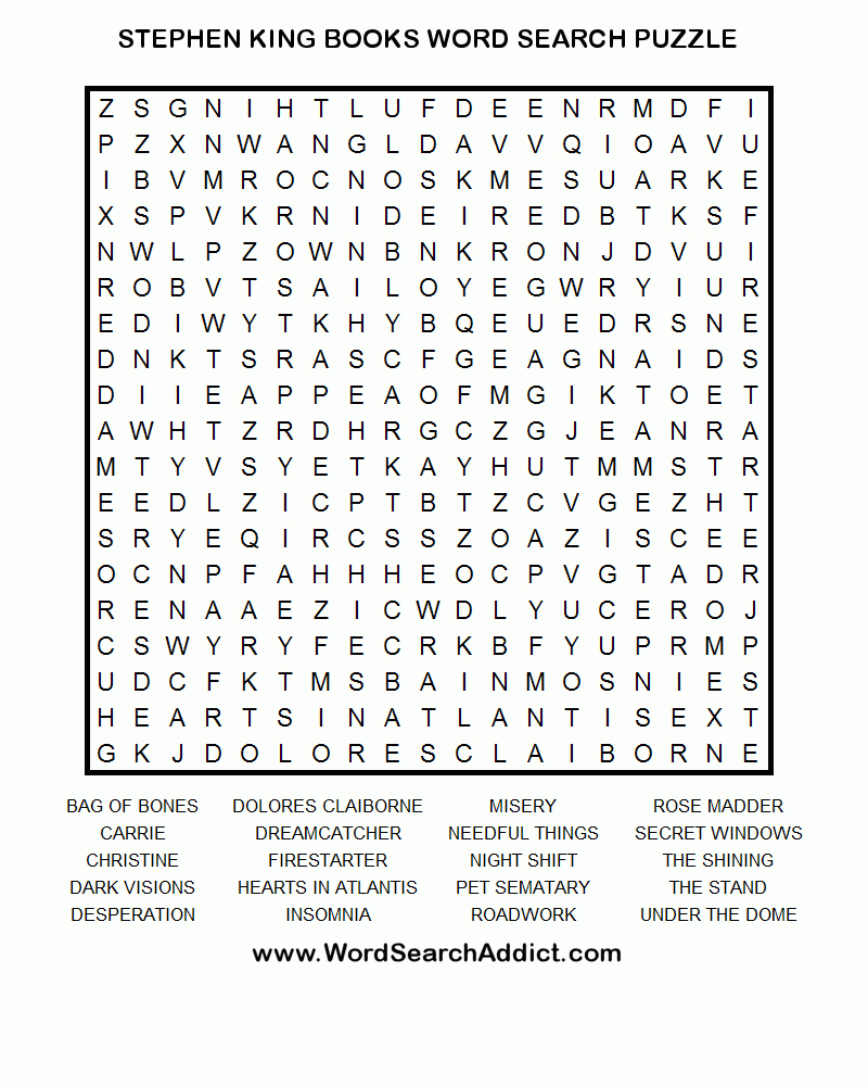 Stephen King Books Word Search Puzzle | Teen Programming | Word - Printable Puzzle Booklet