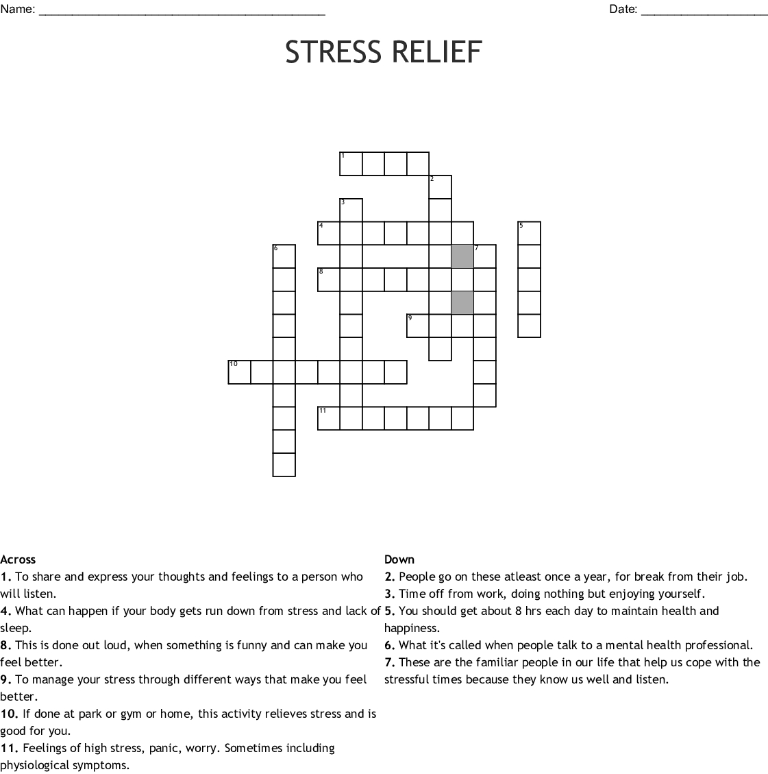Stress Relief Crossword - Wordmint - Printable Stress Management Crossword Puzzle