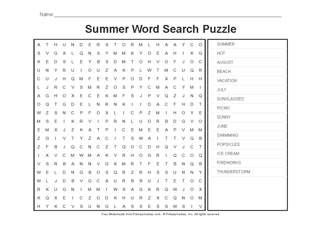 Summer Worksheets: Summer Word Search Puzzle - Primarygames - Play - Free Printable Puzzle Worksheets