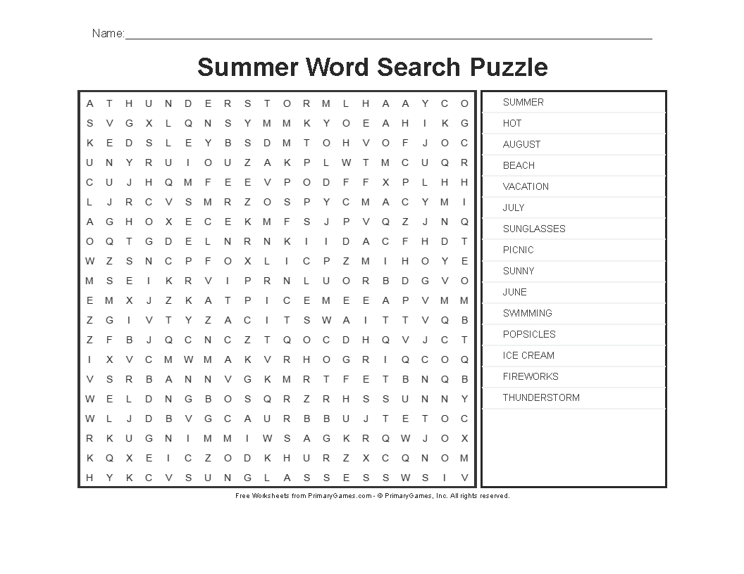 Summer Worksheets: Summer Word Search Puzzle - Primarygames - Play - Printable Summer Crossword Puzzles