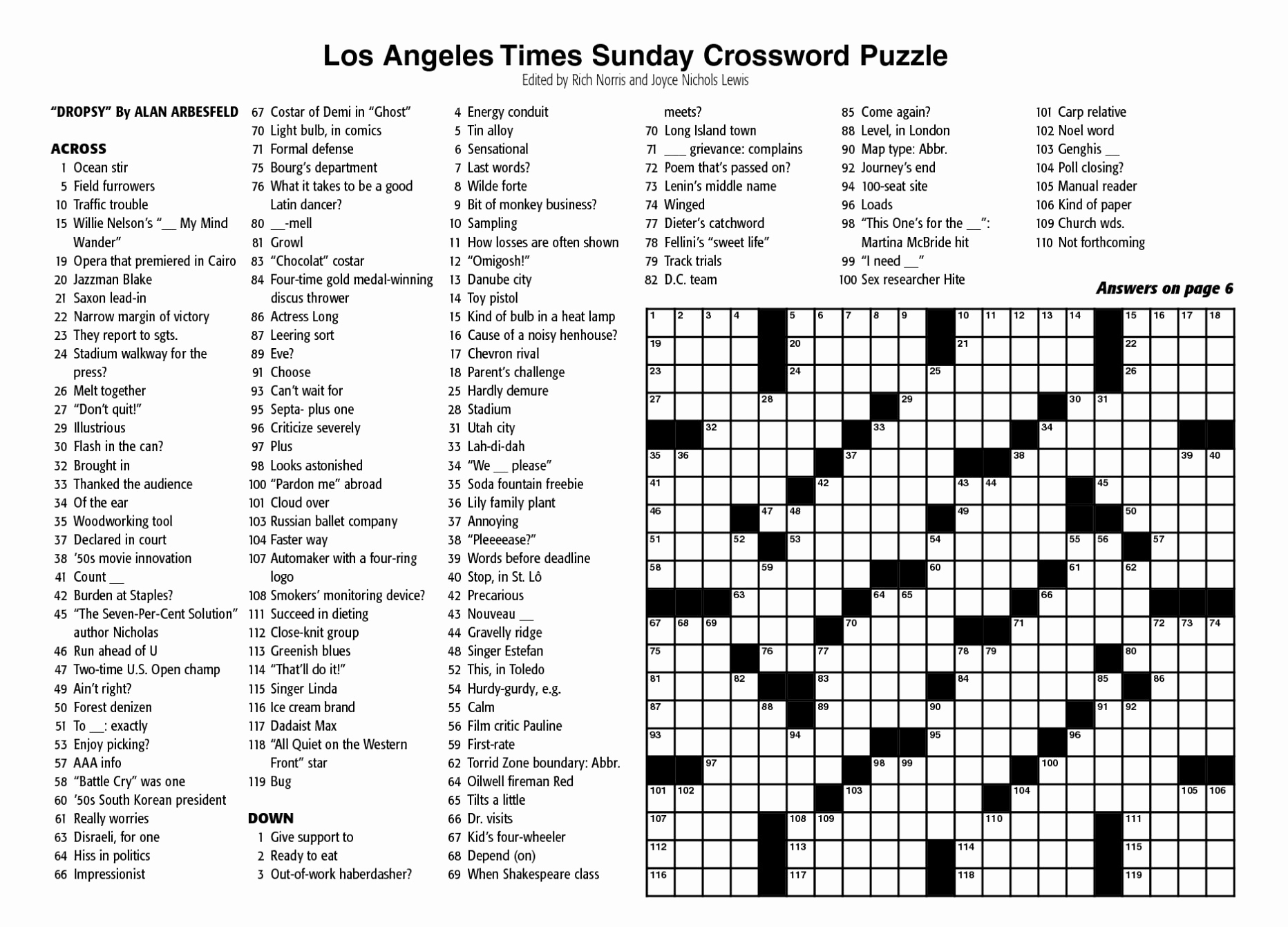 Sunday Crossword Puzzle Printable Ny Times Syndicated Answers - Free - La Times Sunday Crossword Puzzle Printable