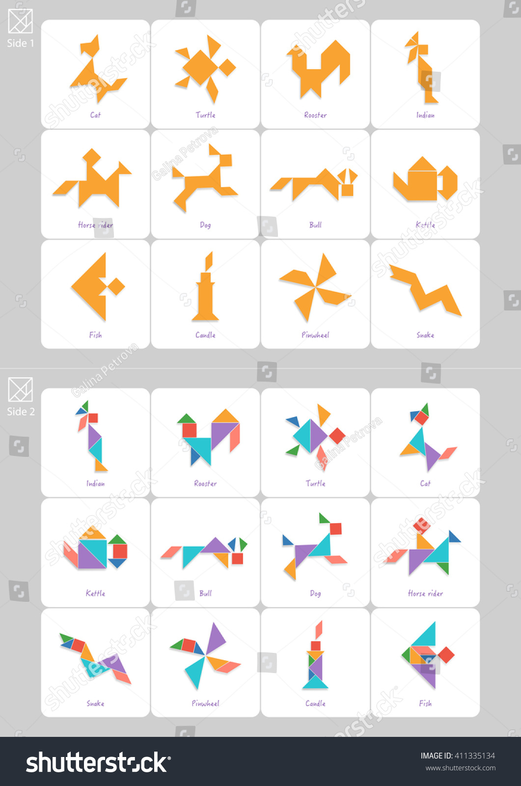 Tangram Set Task Solution Cards Captions Stock Vector (Royalty Free - Printable Tangram Puzzles And Solutions