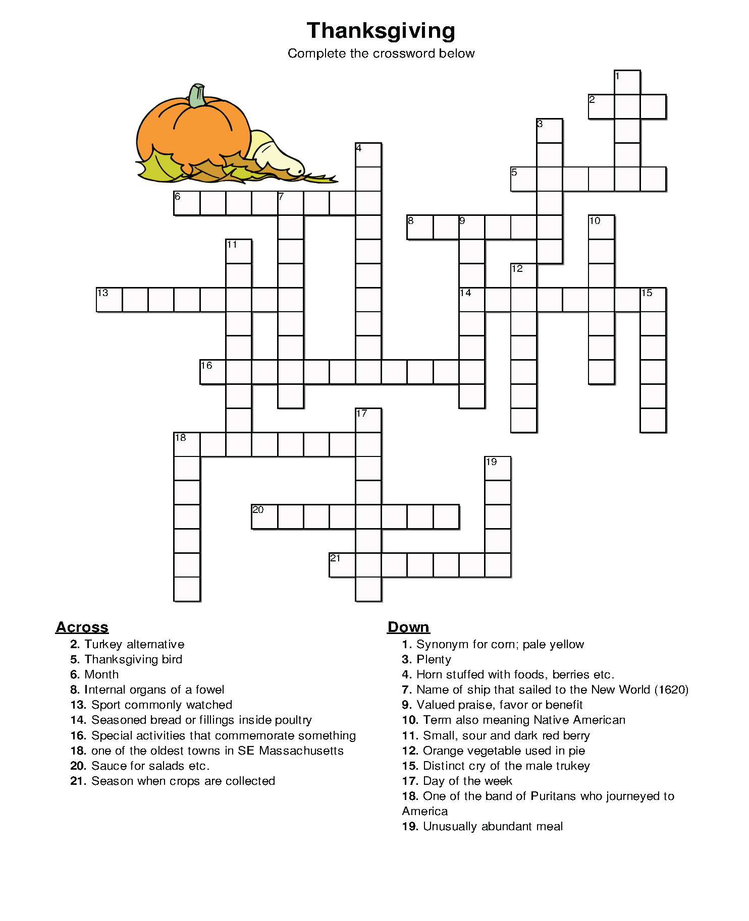 Thanksgiving Crossword Puzzle - Best Coloring Pages For Kids - Printable Thanksgiving Crossword
