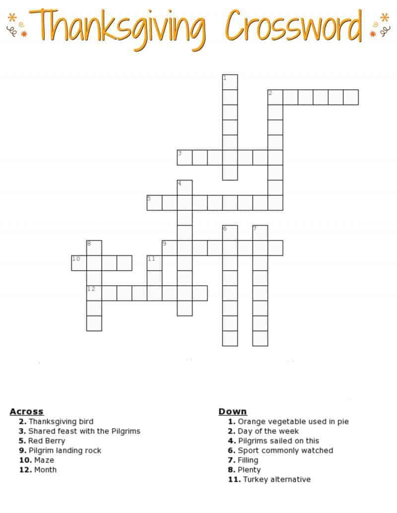 Thanksgiving Crossword Puzzle Free Printable - Printable Crossword Puzzle With Word Bank