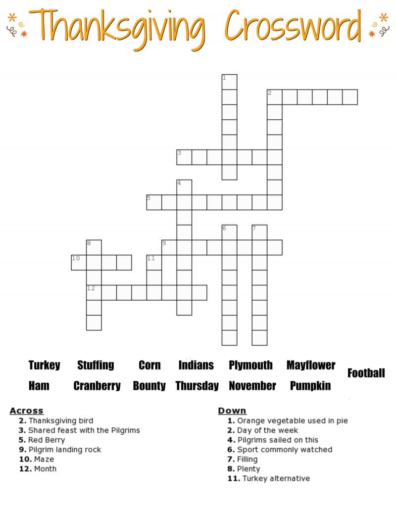 Thanksgiving Crossword Puzzle Printable With Word Bank - Free Printable Crossword Puzzles Thanksgiving