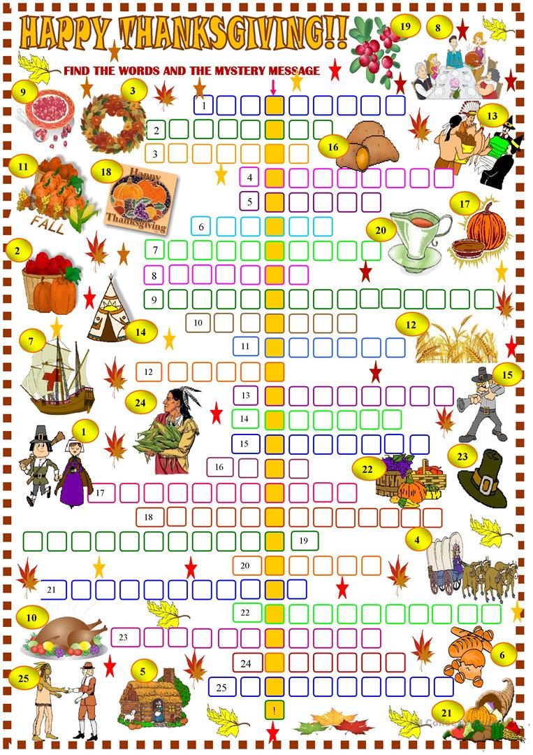 Thanksgiving: Crossword Puzzle Worksheet - Free Esl Printable - Free Printable Crossword Puzzles Thanksgiving