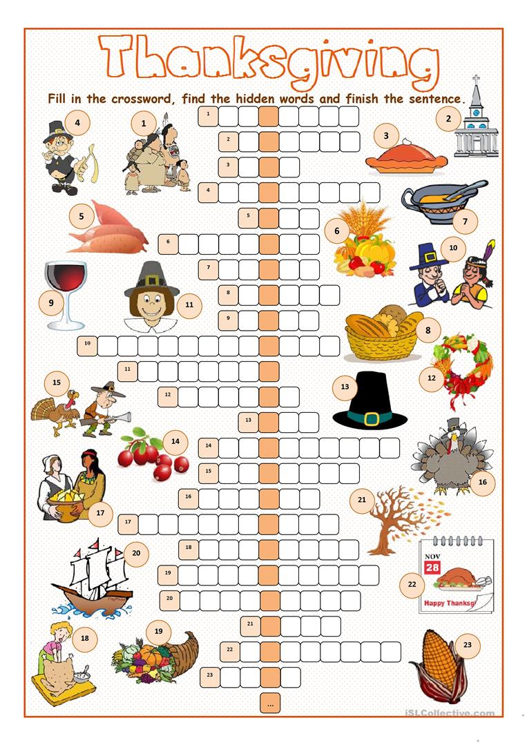 Thanksgiving Crossword Puzzle Worksheet - Free Esl Printable - Free Thanksgiving Crossword Puzzles Printable