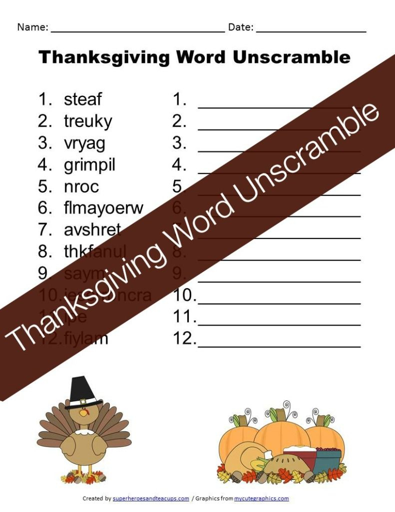 Thanksgiving Word Unscramble Free Printable | Superheroes And - Free Printable Unscramble Puzzles