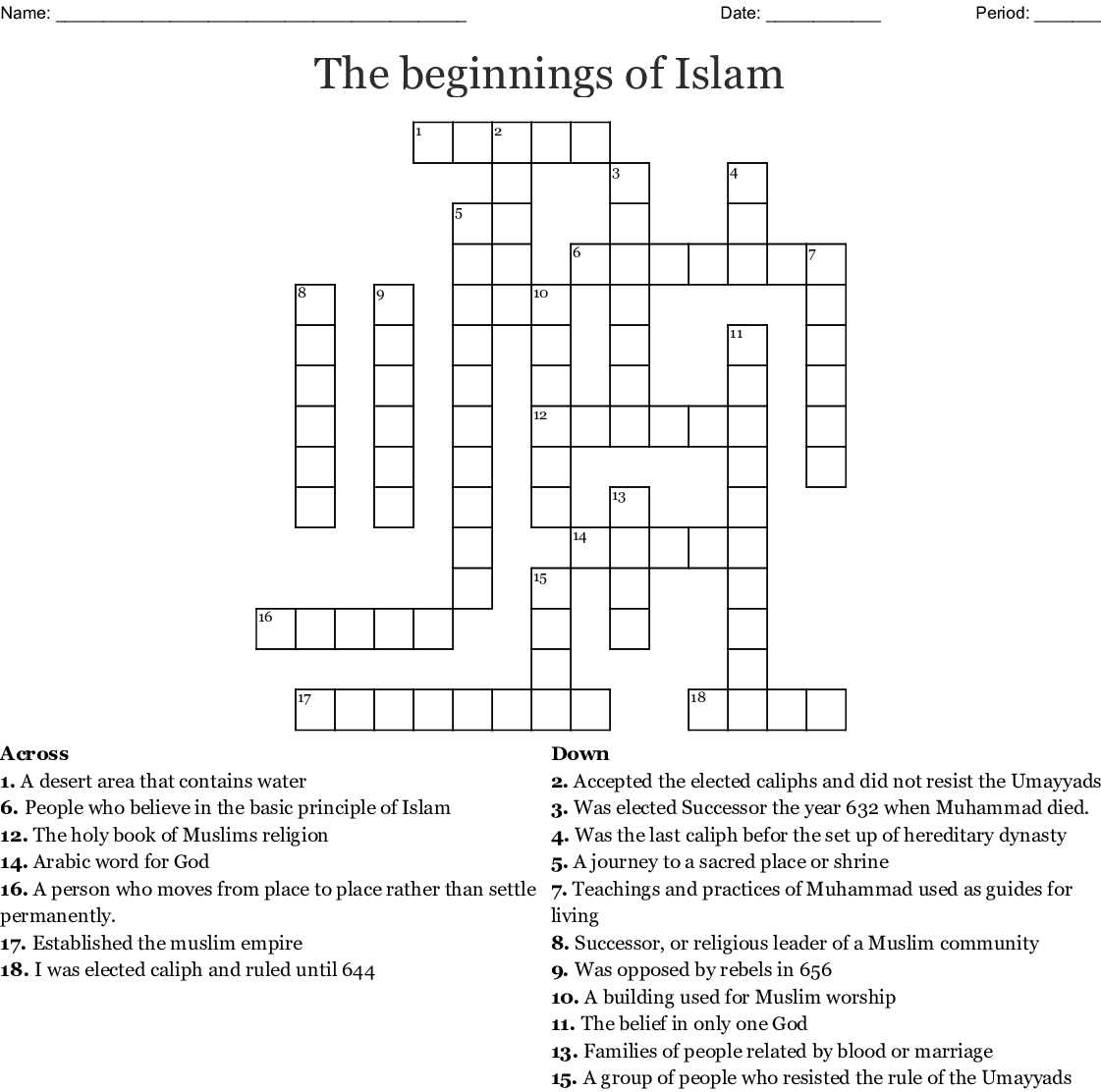 The Beginnings Of Islam Crossword - Wordmint - Islamic Crossword Puzzles Printable