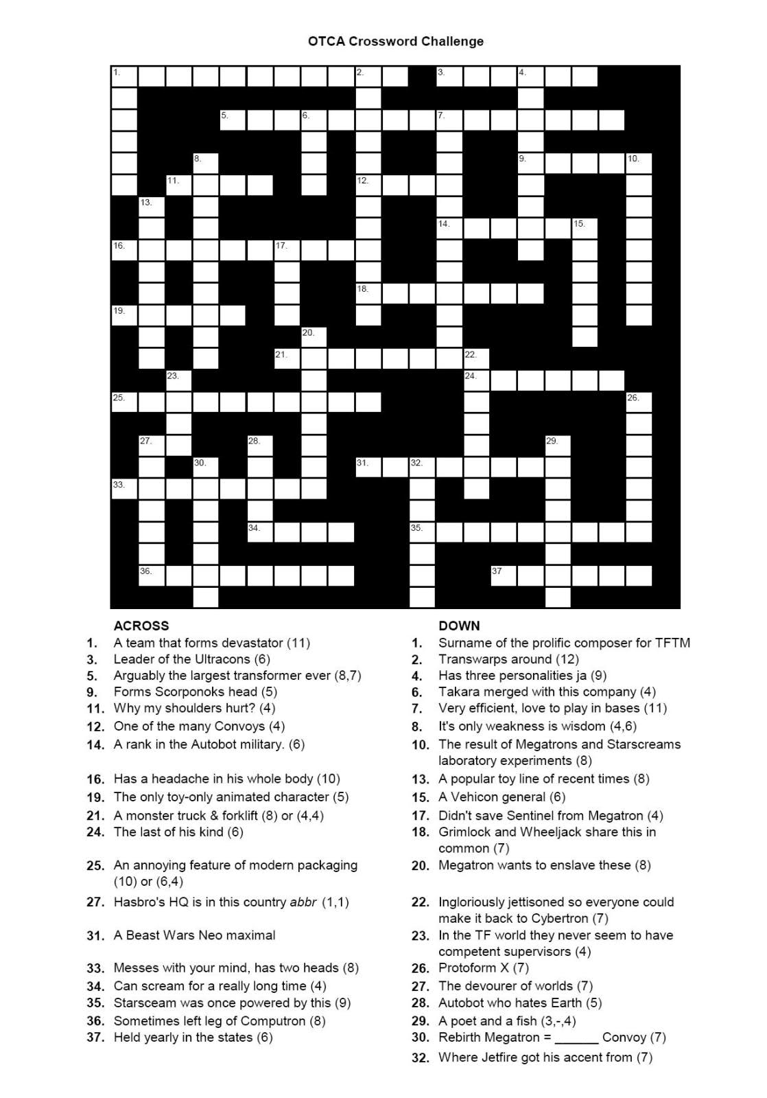 The Great Tf Crossword Puzzle - Ozformers Transformers Club Of - Printable Crossword Puzzles Australia