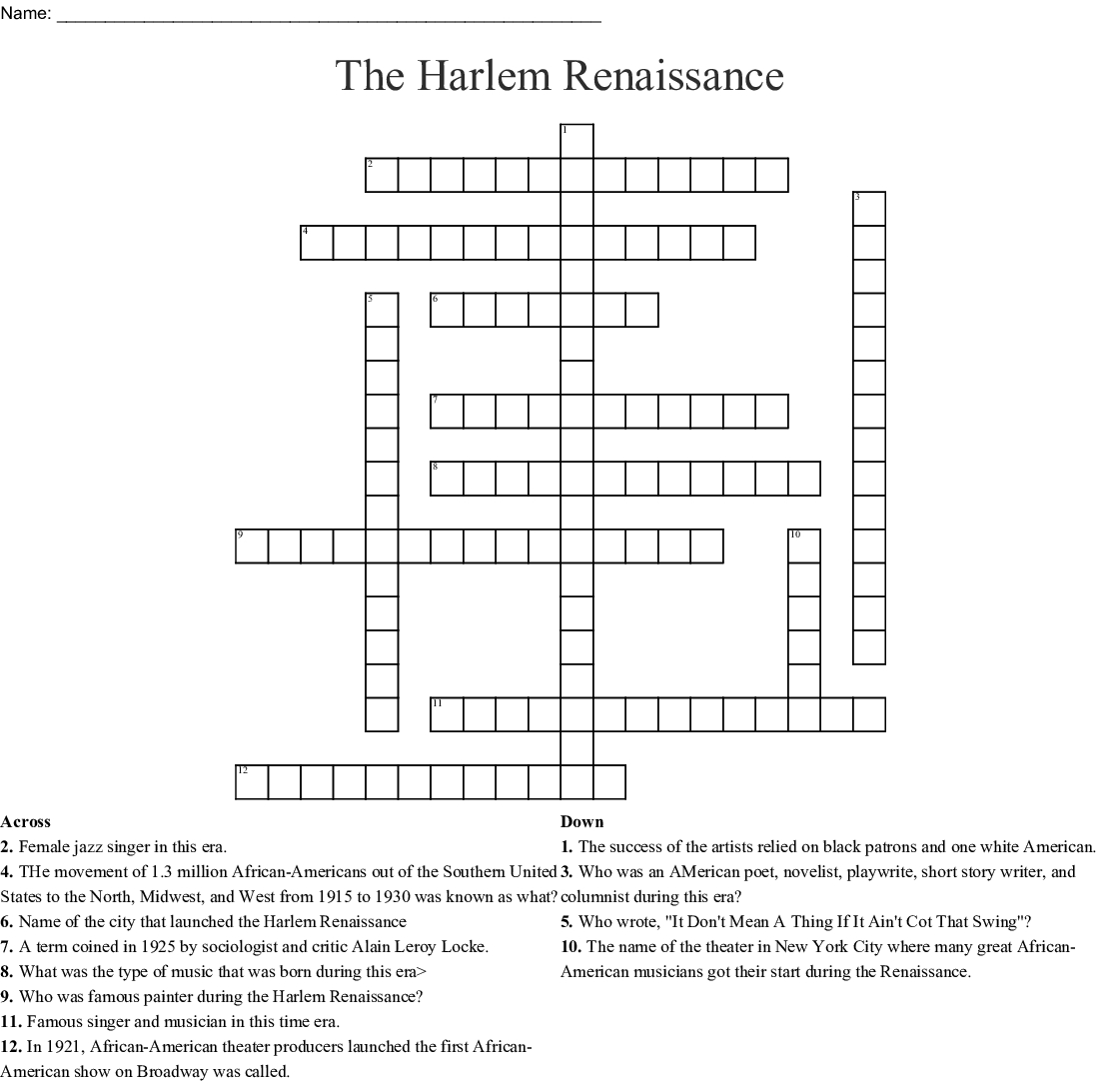 The Harlem Renaissance Crossword - Wordmint - Renaissance Crossword Puzzle Printable