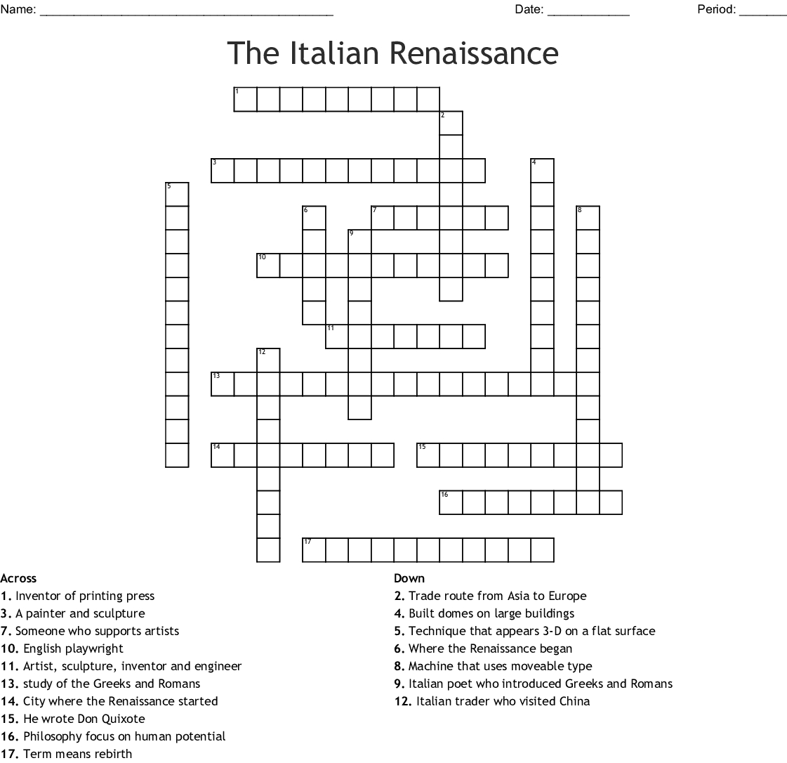 The Italian Renaissance Crossword - Wordmint - Renaissance Crossword Puzzle Printable