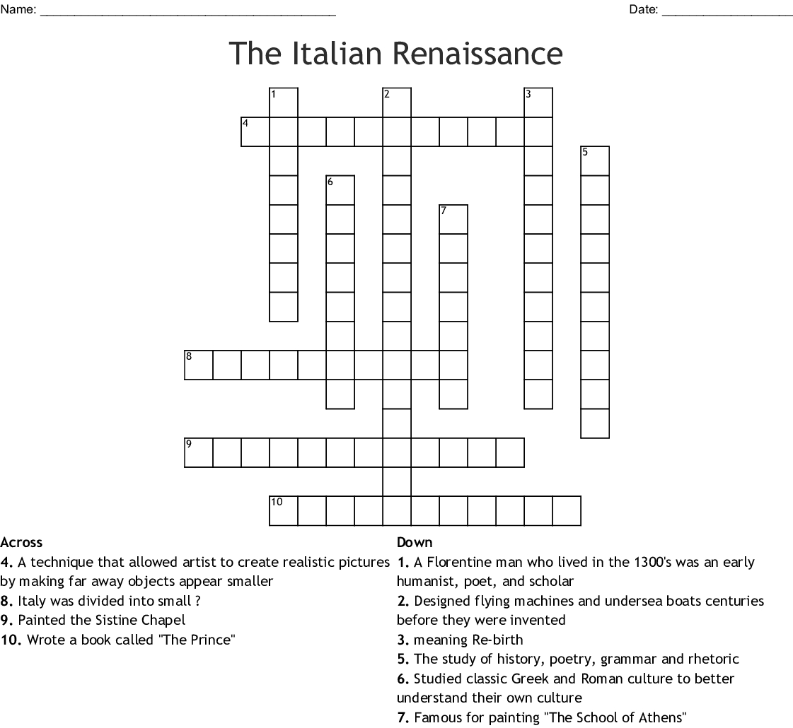 The Italian Renaissance Crossword - Wordmint - Renaissance Crossword Puzzle Printable