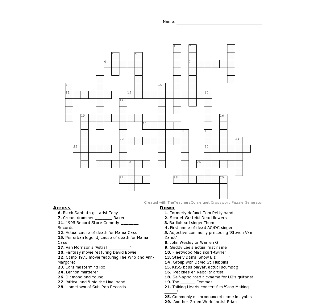 The Medium-Sized Rock And Roll Crossword! | Rocknuts - Crossword Puzzles Printable 1980S