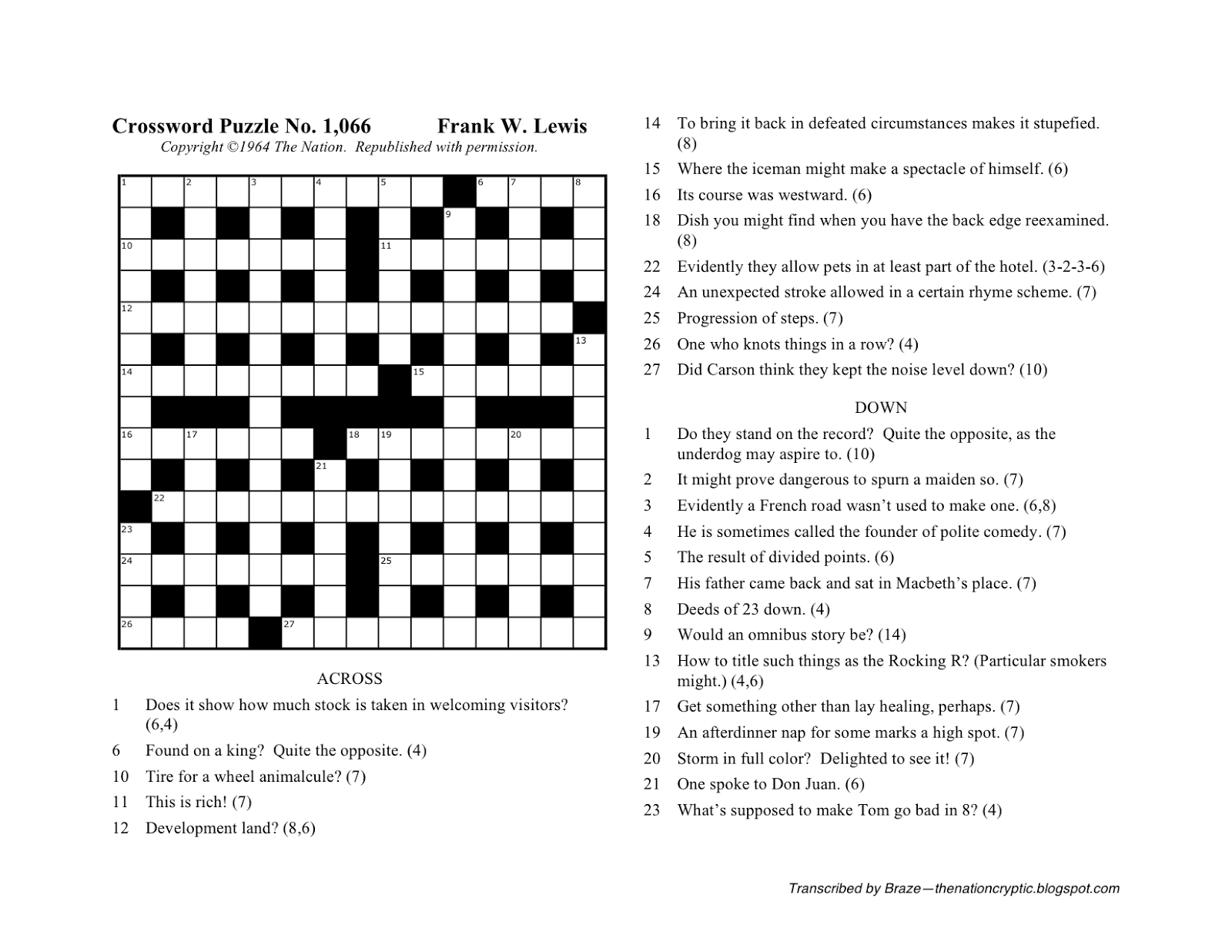 The Nation Cryptic Crossword Forum: Nat Hentoff (Puzzle No. 1,066) - Printable Wall Street Journal Crossword Puzzle