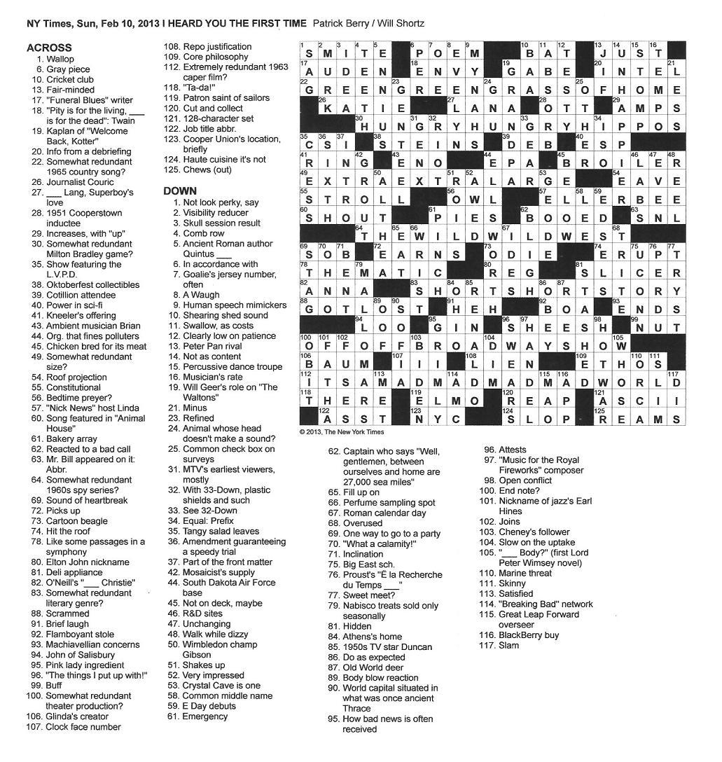 The New York Times Crossword In Gothic: 02.10.13 — Blizzard Blizzard! - Printable Crossword Puzzles 2013