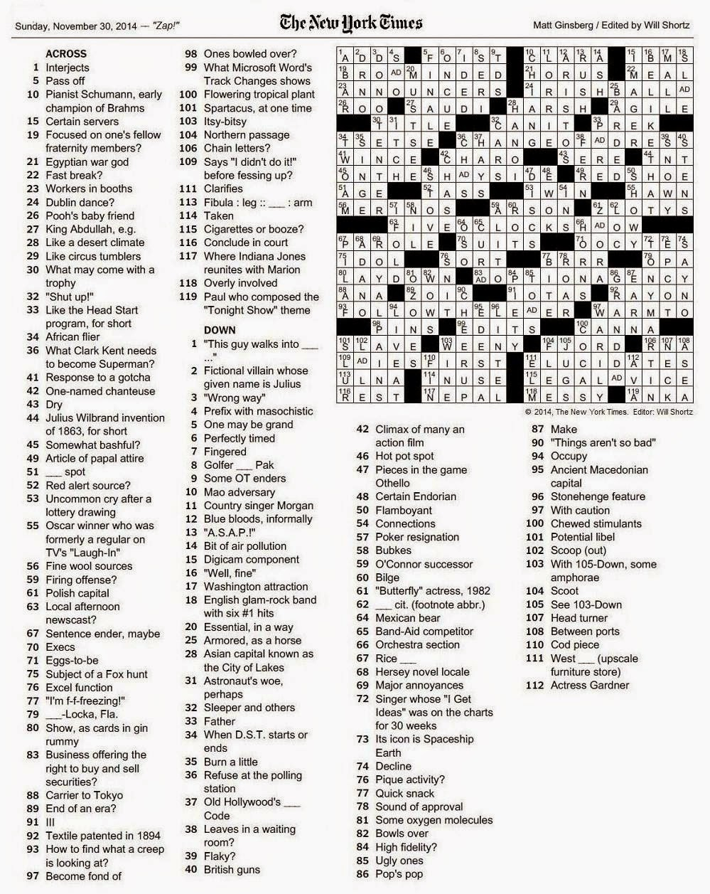 The New York Times Crossword In Gothic: 11.30.14 — Zap! - La Times Crossword Printable Version