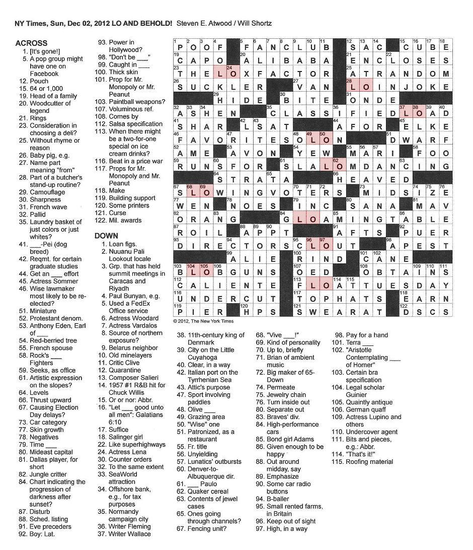 The New York Times Crossword In Gothic: 12.02.12 — Lo And Behold - Printable Crossword Puzzles New York Times Free