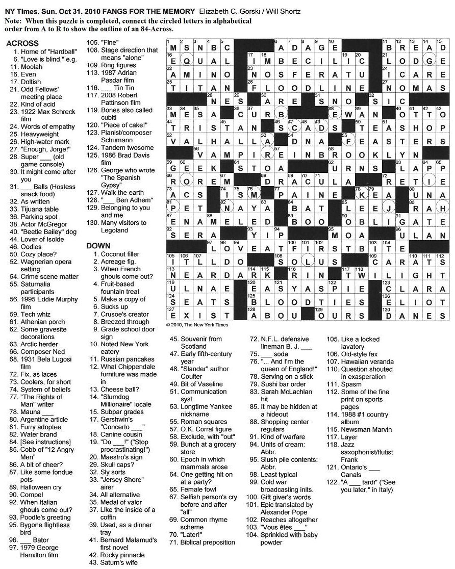 The New York Times Crossword In Gothic: October 2010 - New York Times Sunday Crossword Puzzle Printable