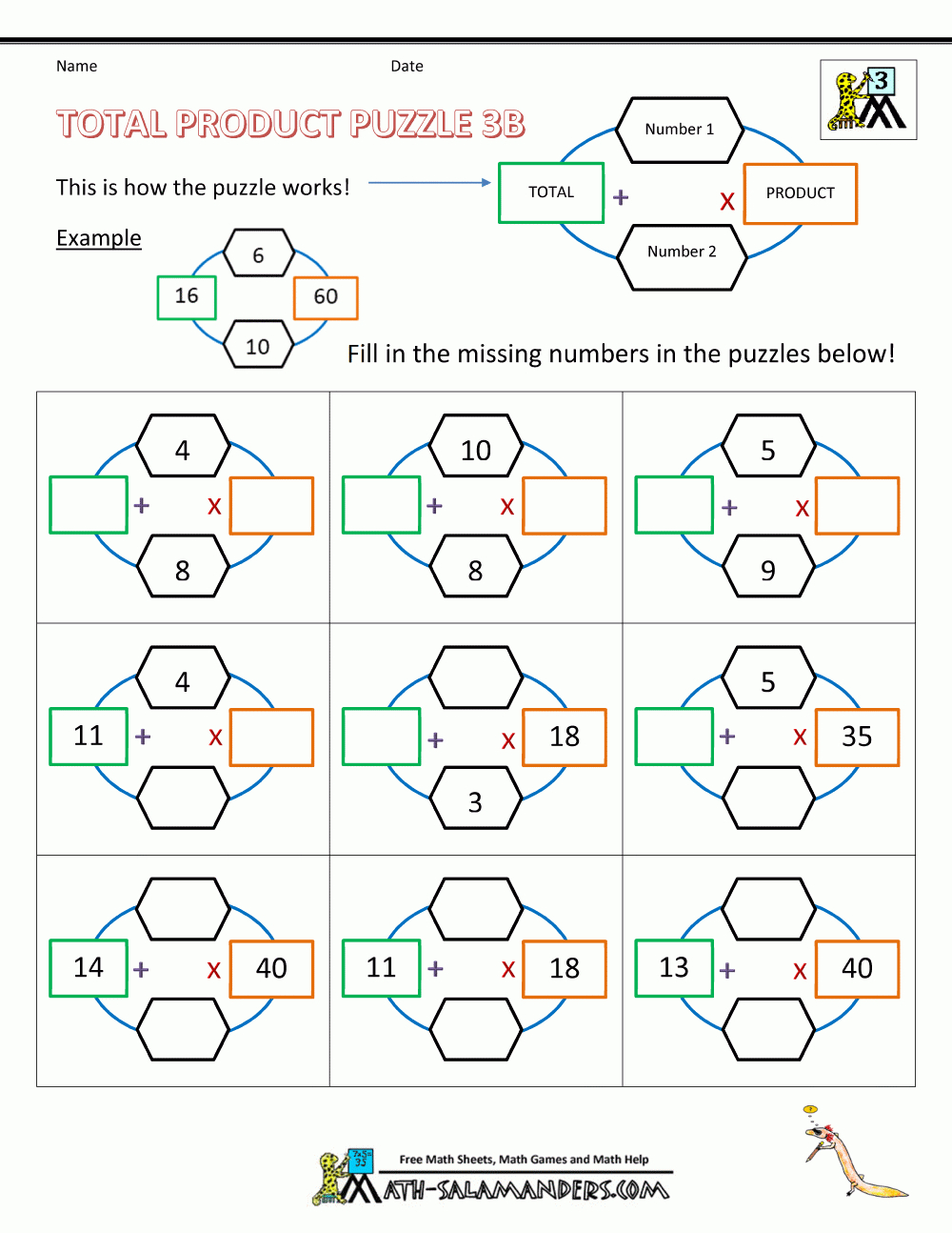 Third Grade Math Puzzle Worksheets Total Product Puzzle 3B - Printable Maths Puzzles For 8 Year Olds
