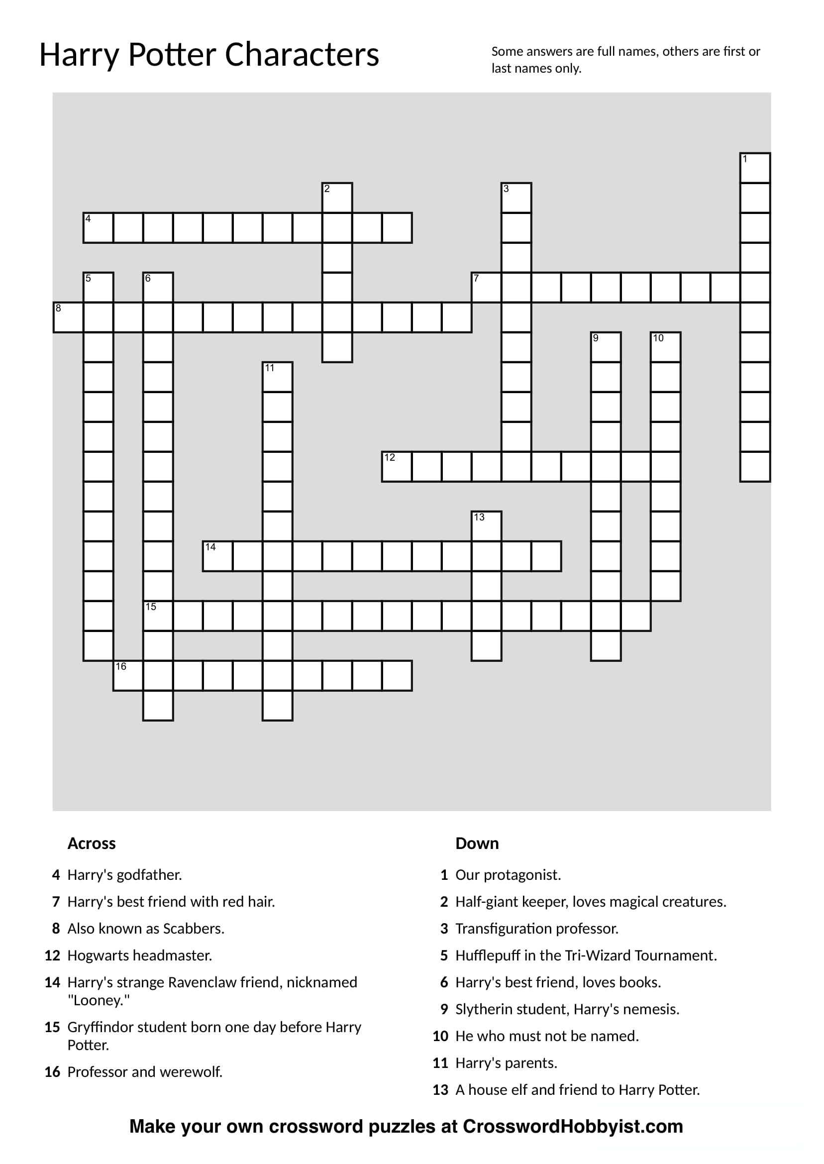 This Harry Potter Characters Crossword Puzzle Was Made At - Make My Own Crossword Puzzles Printable