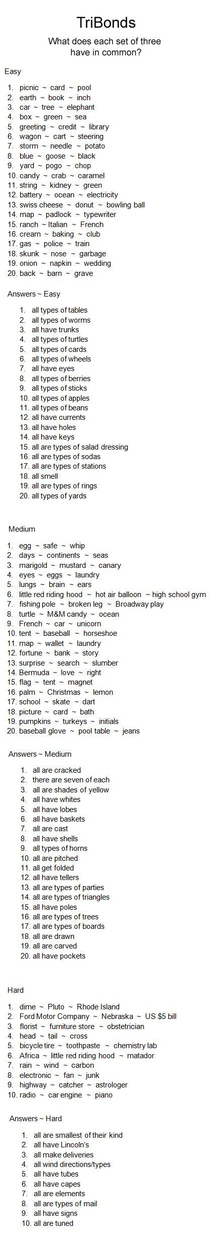 Tribond - Three Words With A Common Bond. Easy, Medium, And Hard - Printable Tribond Puzzles
