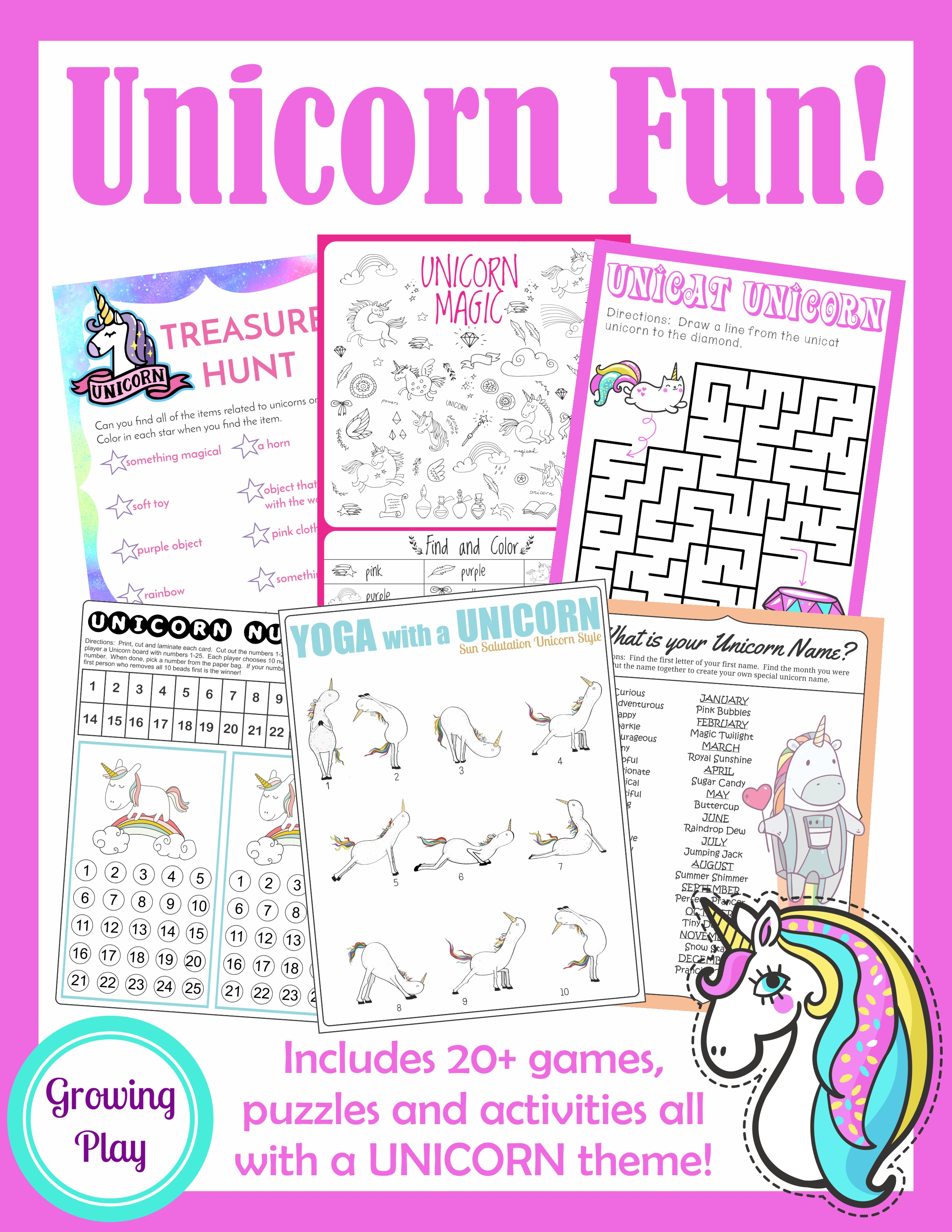 Unicorn Birthday Games Activities Puzzles - Growing Play - Printable Puzzle Packet