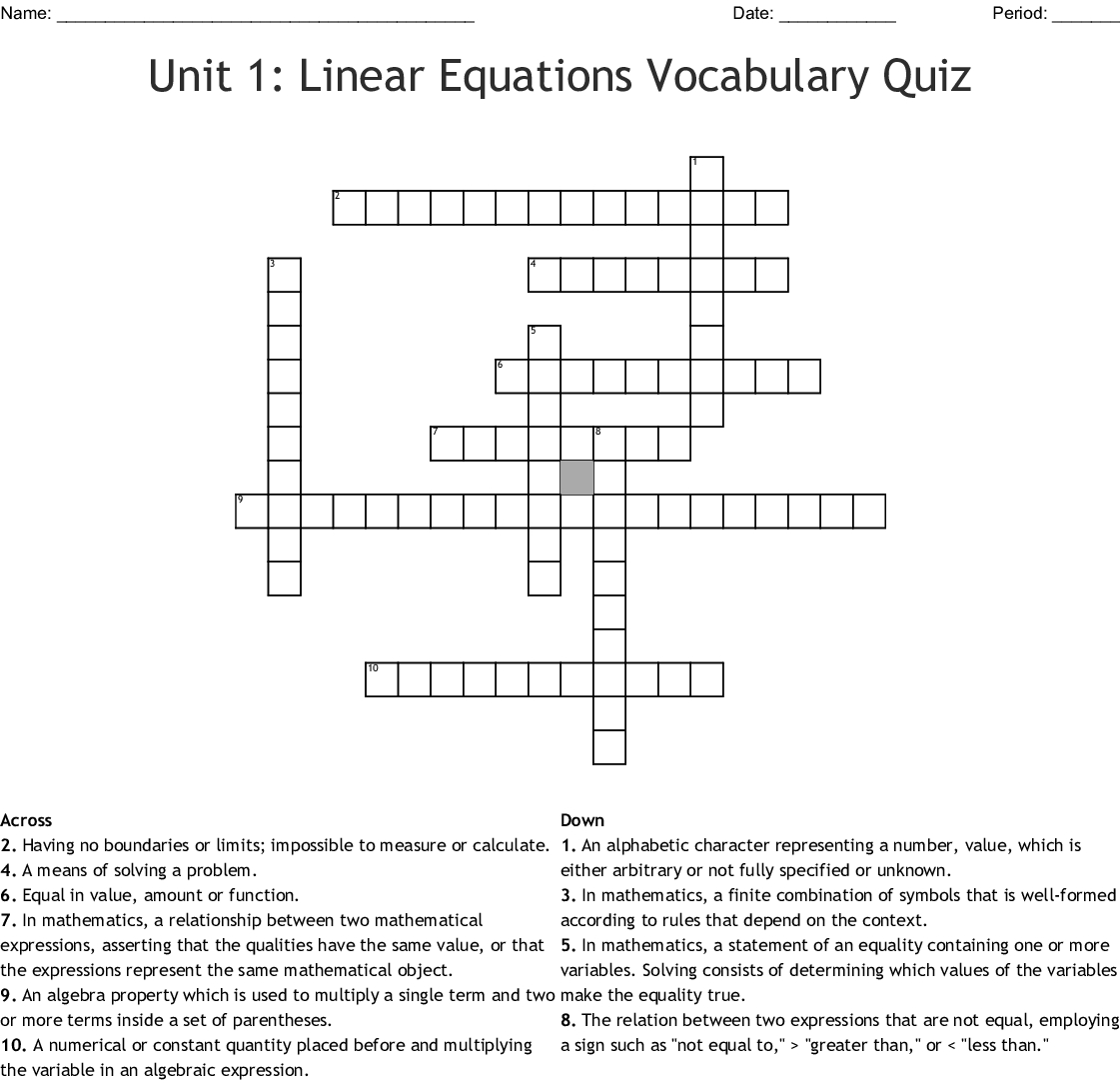 Unit 1: Linear Equations Vocabulary Quiz Crossword - Wordmint - Printable Vocabulary Quiz Crossword Puzzle