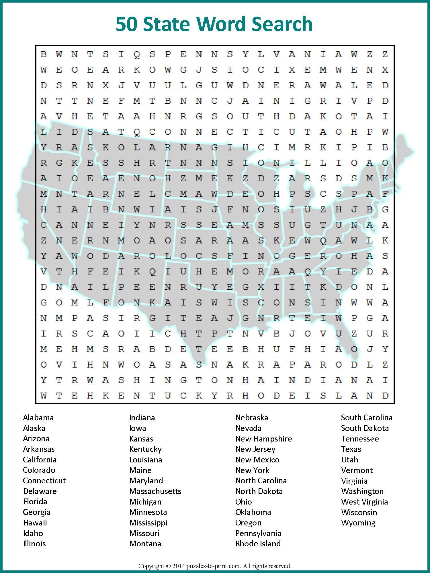 Us Geography Worksheet - All 50 States Word Search | Learning - Printable 50 States Crossword Puzzles