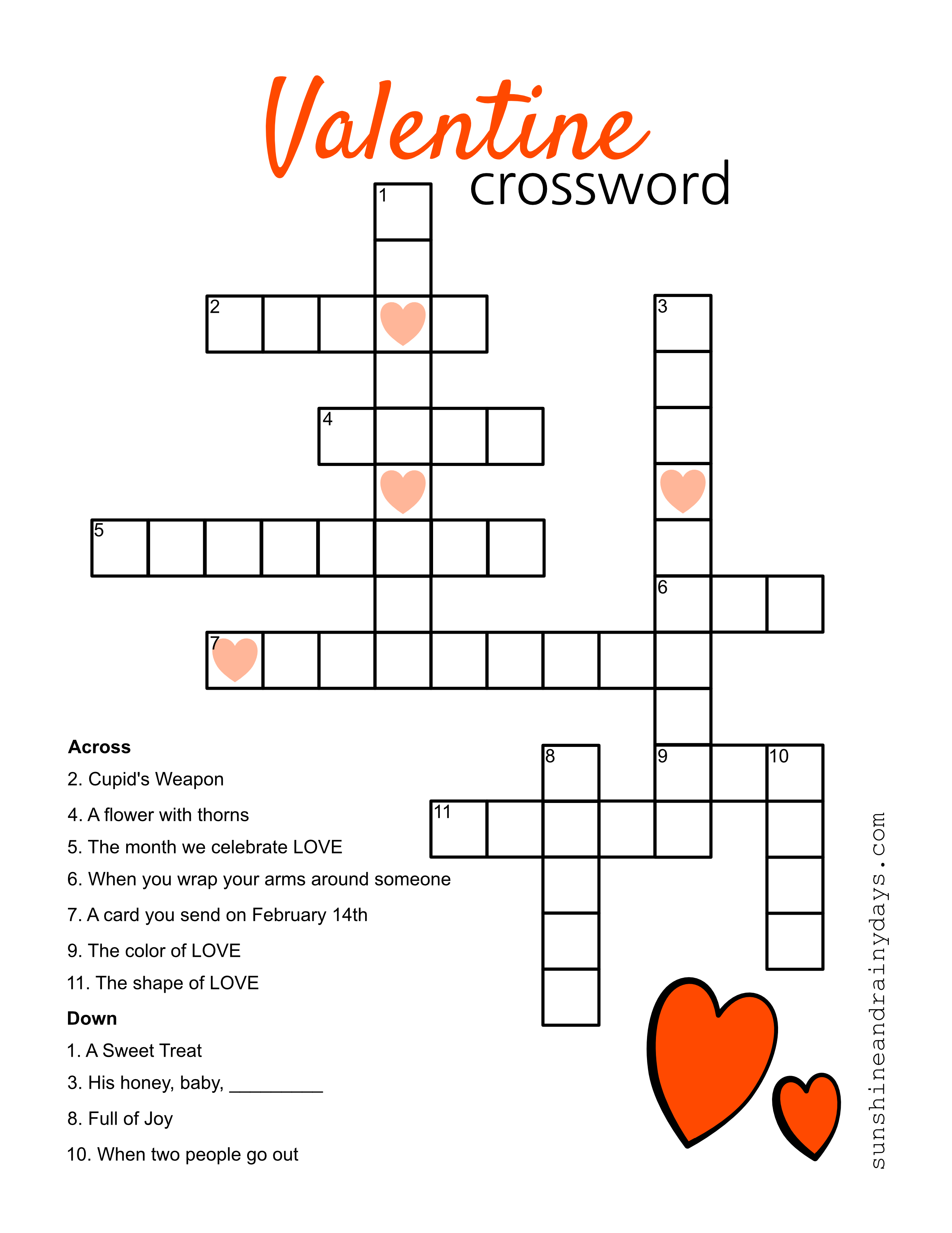 Valentine Crossword Puzzle - Sunshine And Rainy Days - Printable Valentine Crossword Puzzles