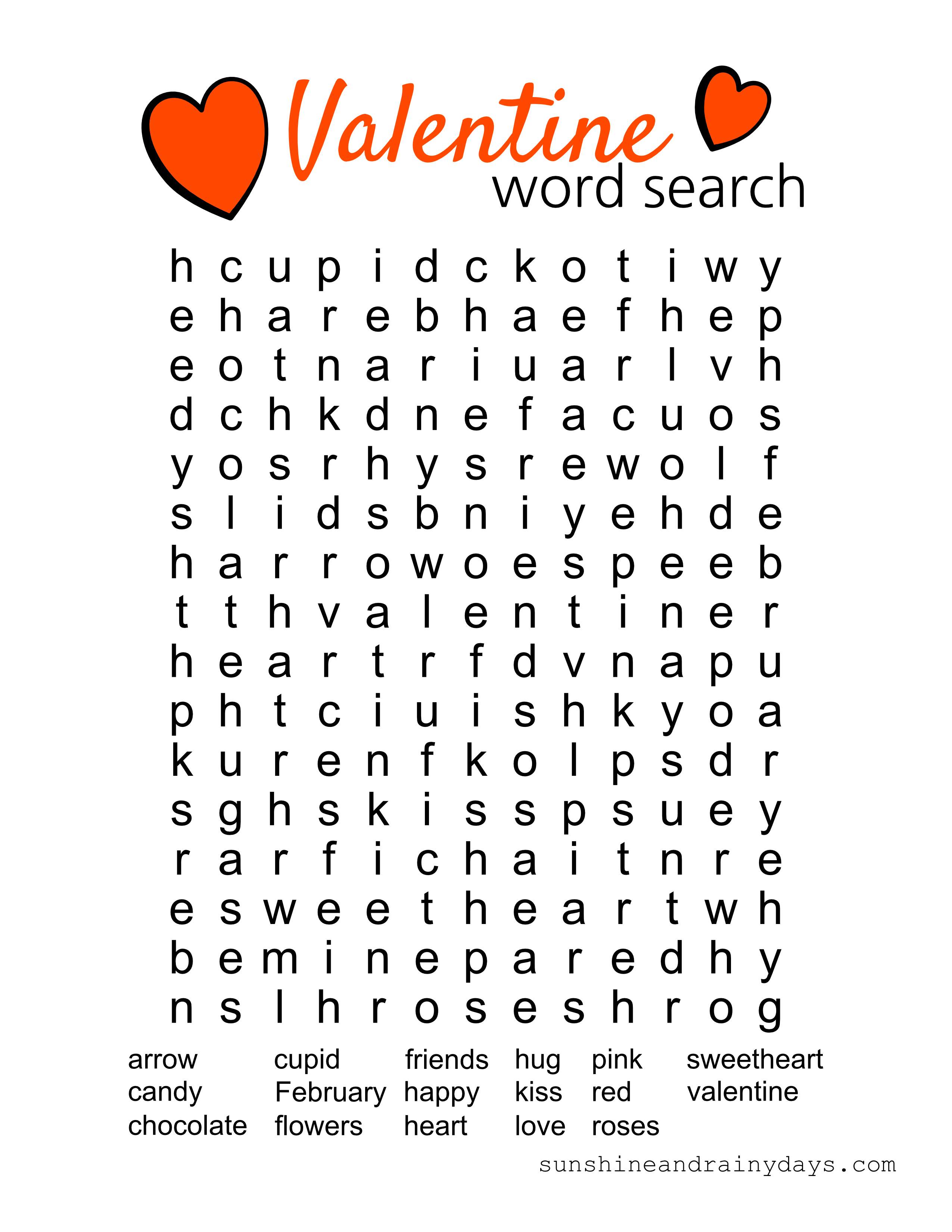 Valentine Word Search Printable - Sunshine And Rainy Days - Printable Valentines Crossword