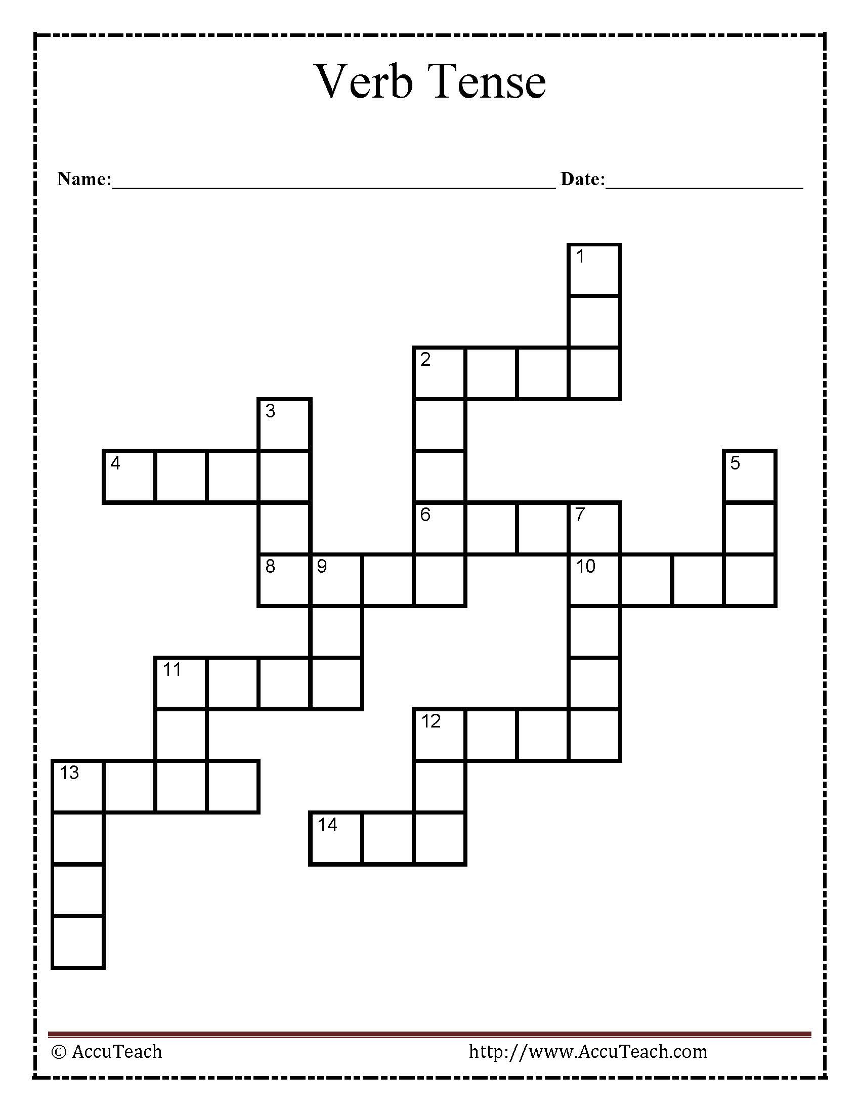 Verb Tense Crossword Puzzle Worksheet - Free Printable Crossword Puzzles For 6Th Graders