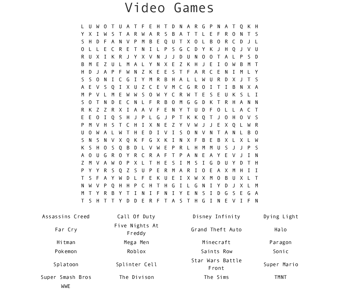 Video Games Word Search - Wordmint - Printable Video Game Crossword Puzzles