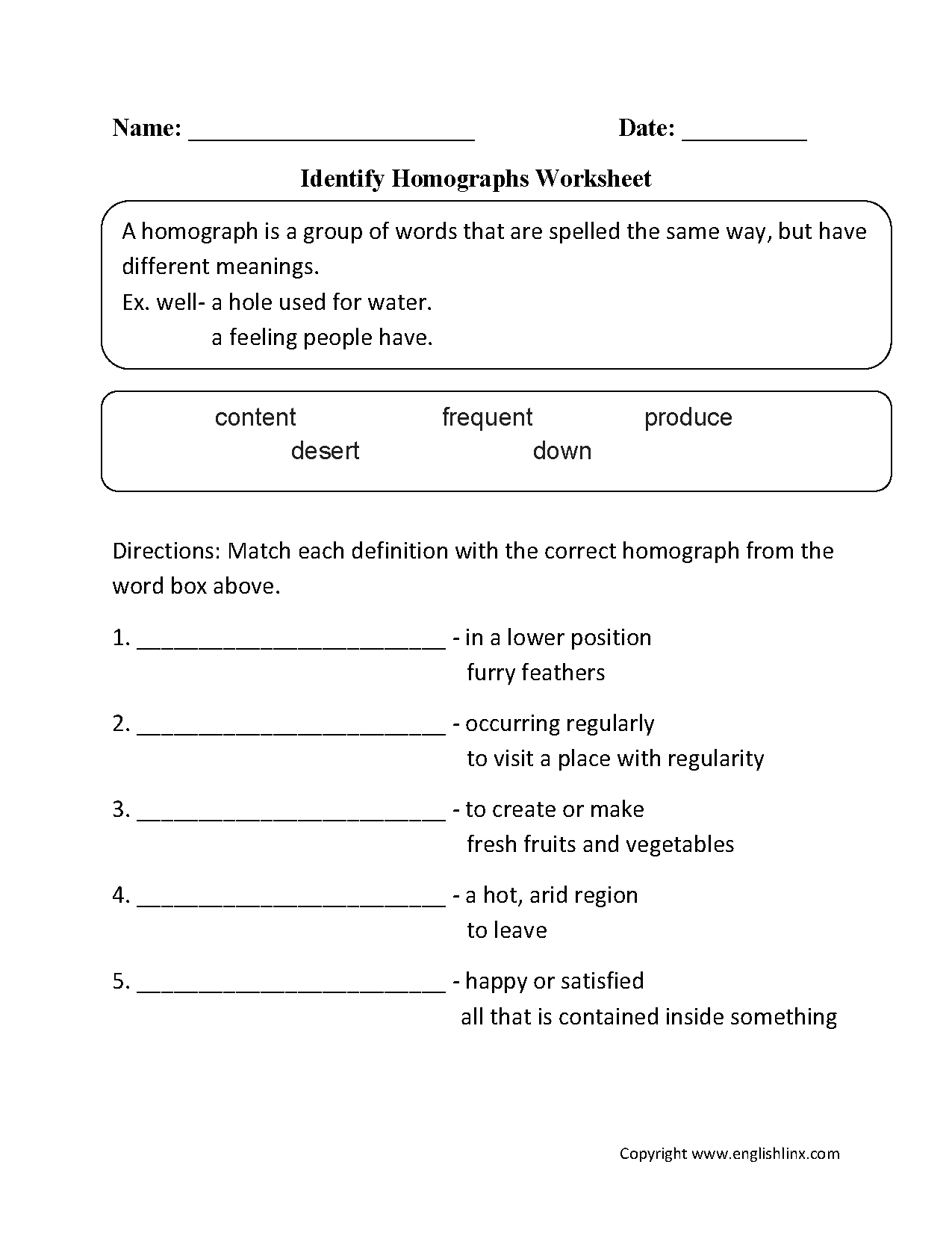 Vocabulary Worksheets | Homograph Worksheets - Printable Homograph Puzzles