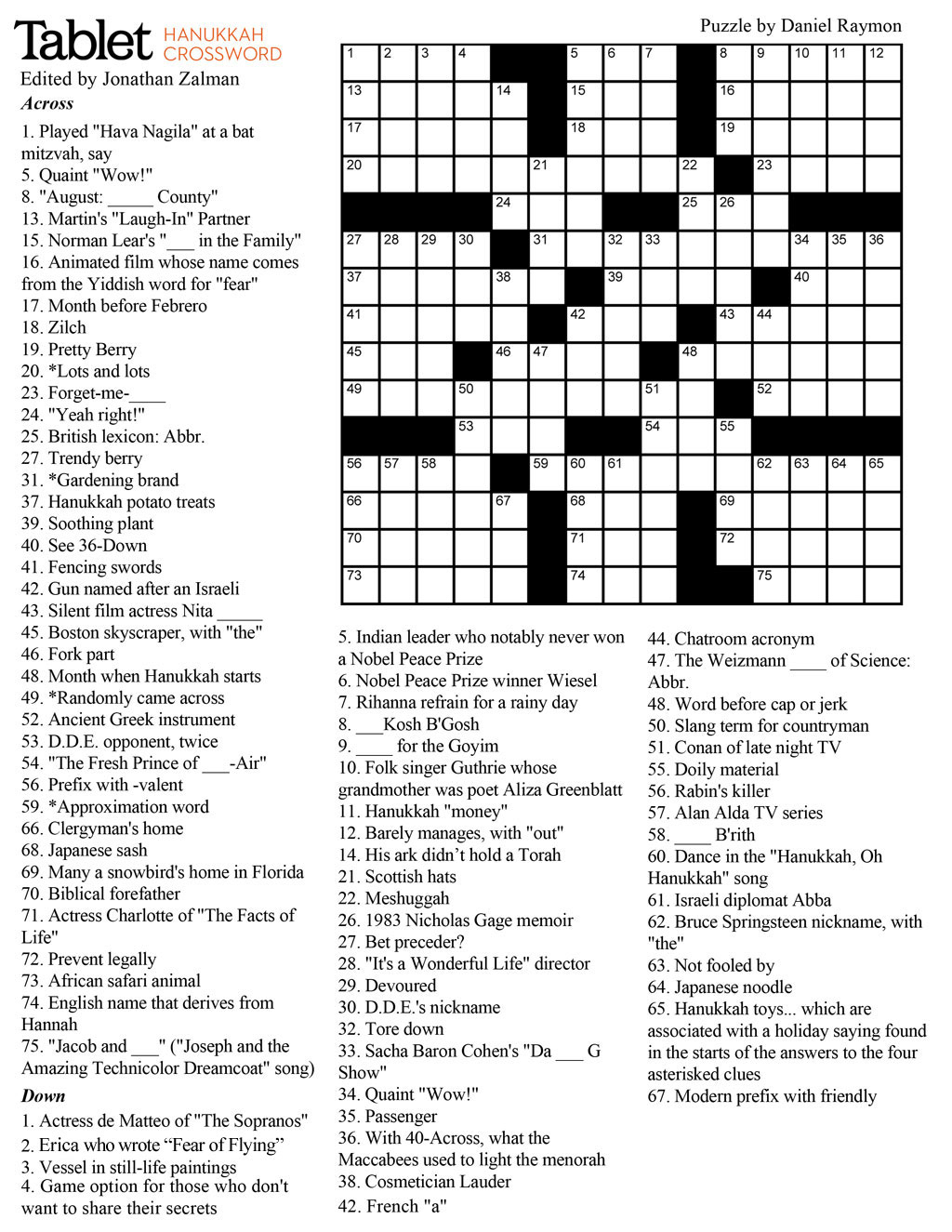 Wind Down With Our Hanukkah Crossword Puzzle! – Tablet Magazine - Printable Crossword Puzzles For Beginners