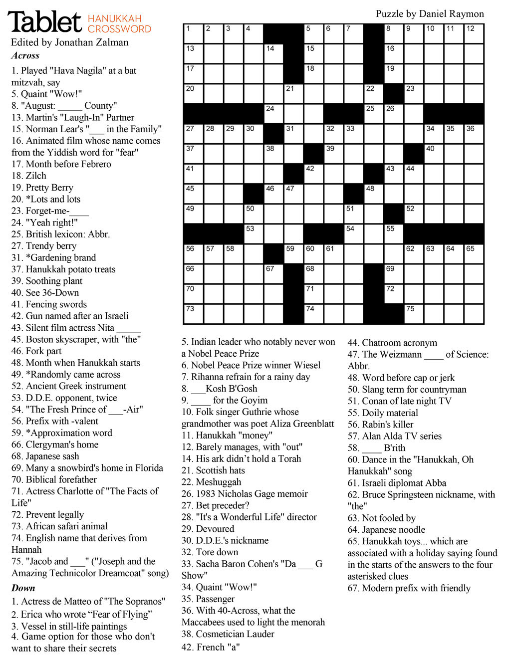 Wind Down With Our Hanukkah Crossword Puzzle! – Tablet Magazine - Printable Crossword With Solutions