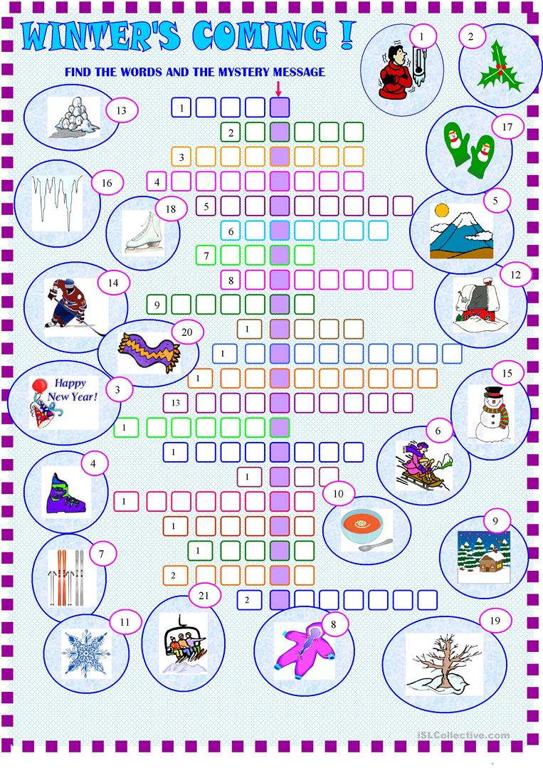 Winter : Crossword Puzzle With Key Worksheet - Free Esl Printable - Printable Winter Crossword Puzzles