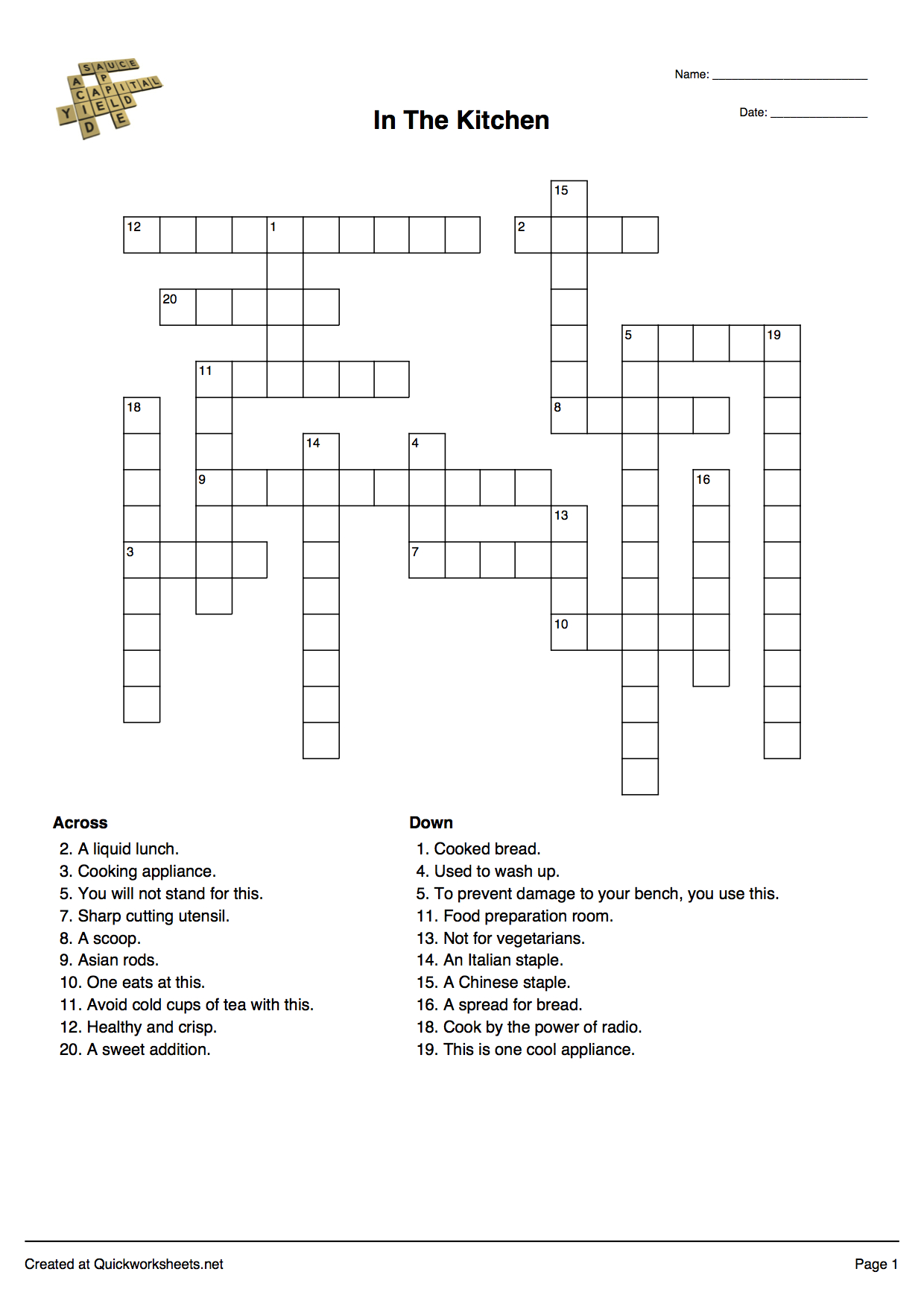 Word Scramble, Wordsearch, Crossword, Matching Pairs And Other - Printable Quiz Crossword