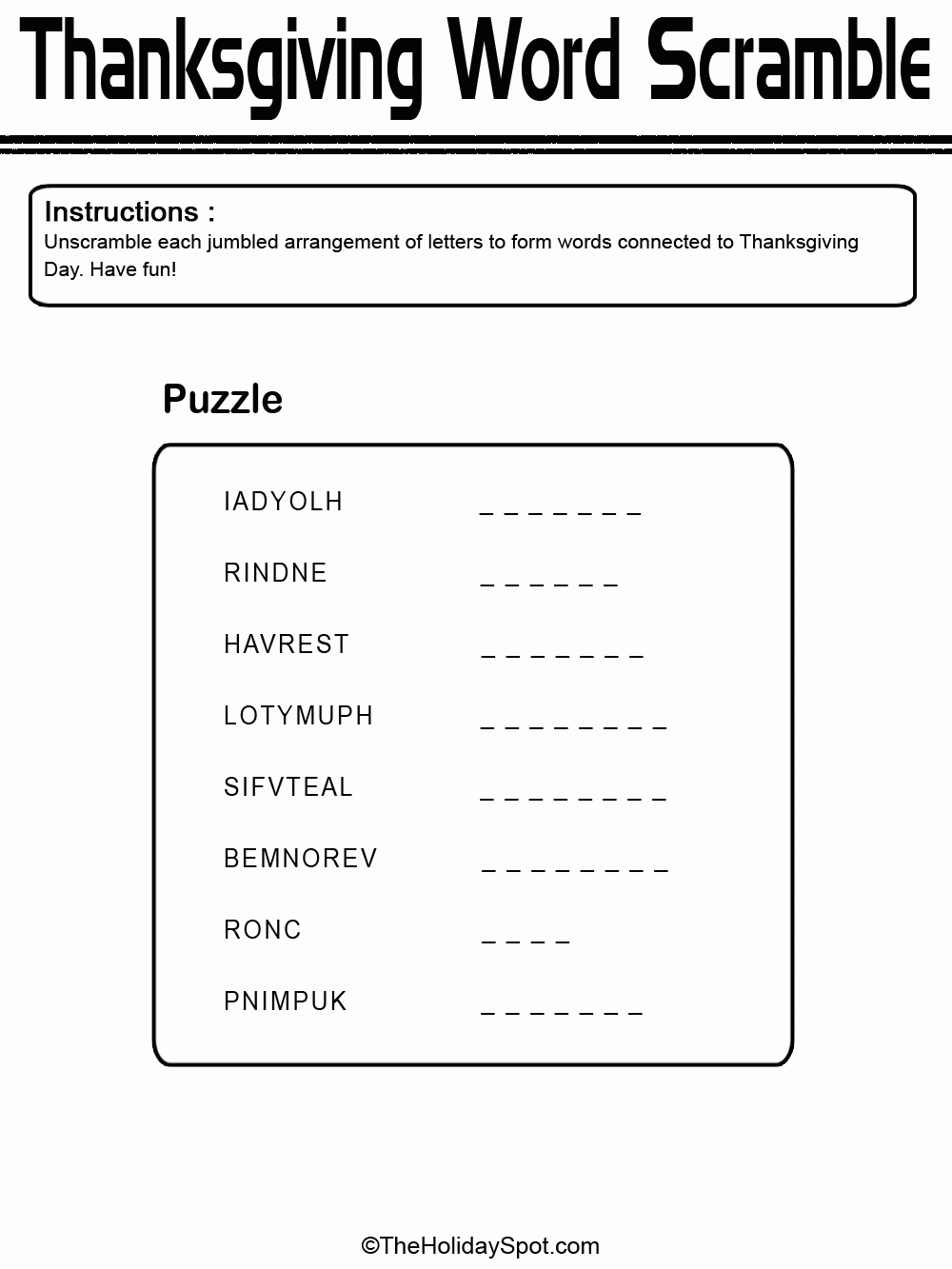 Word Scramble Worksheets With Answers | Thanksgiving Word Scramble - Printable Jumble Puzzles With Answers