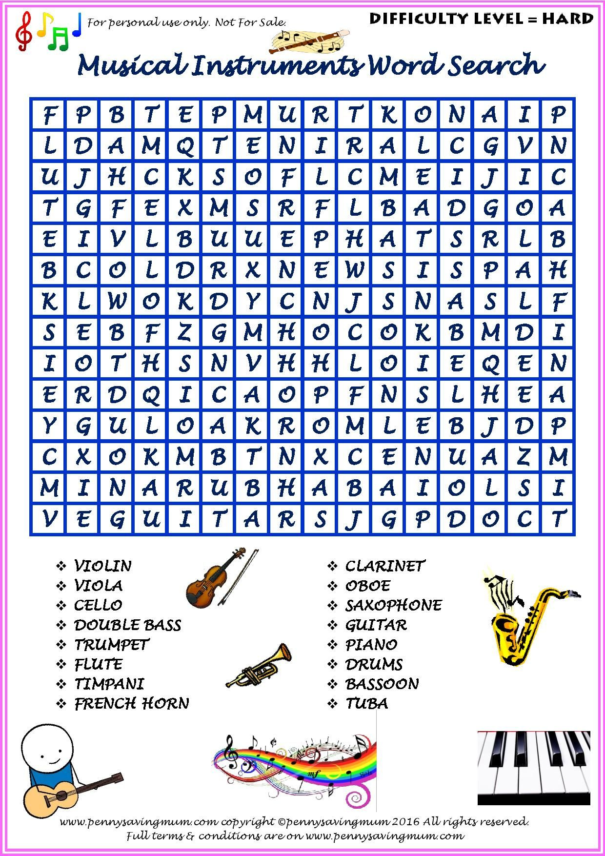 Word Search Musical Instruments (Hard Version) | Printables | Hard - Printable Music Puzzles