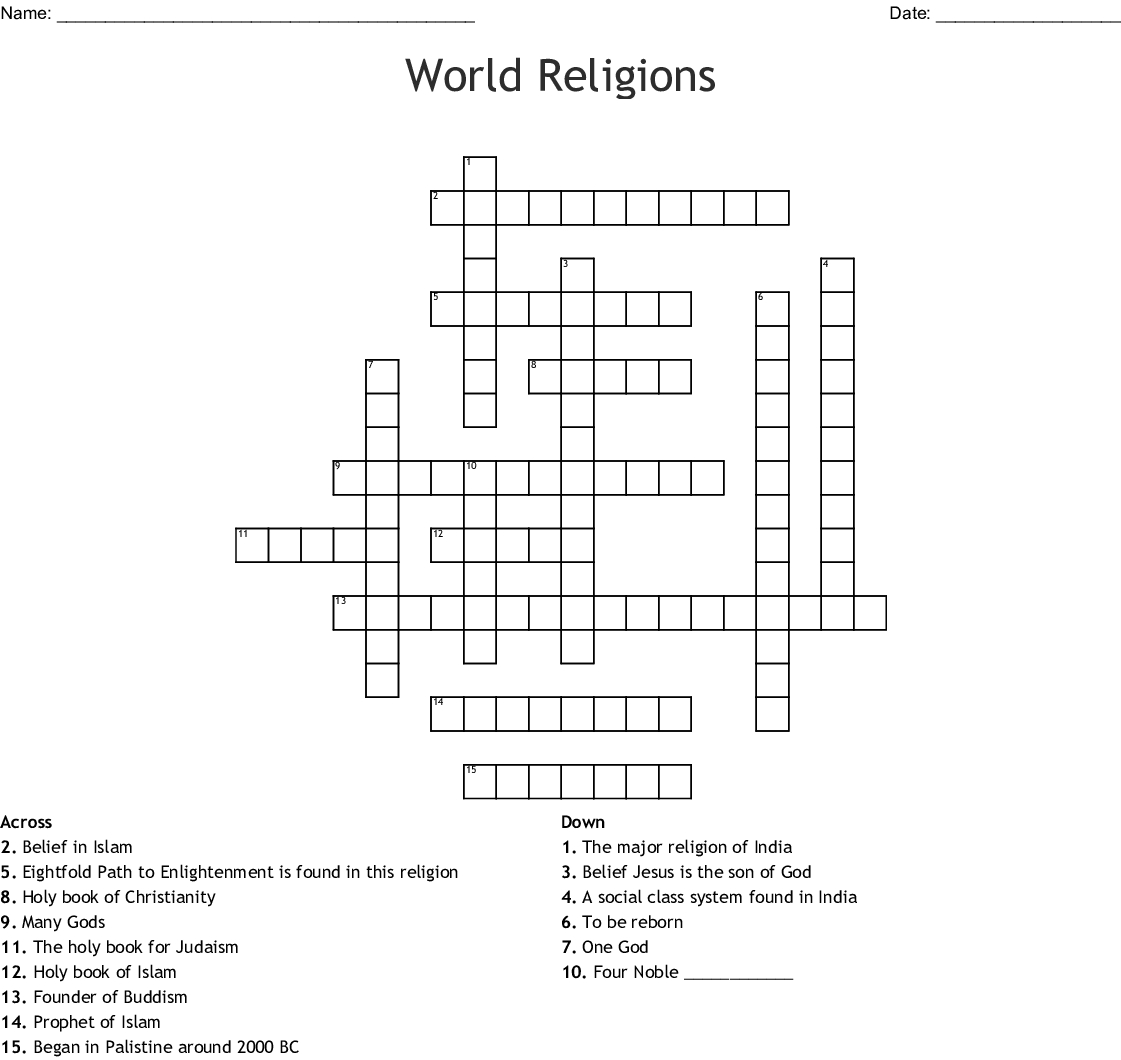 World Religions Crossword - Wordmint - Printable Religious Crossword Puzzles