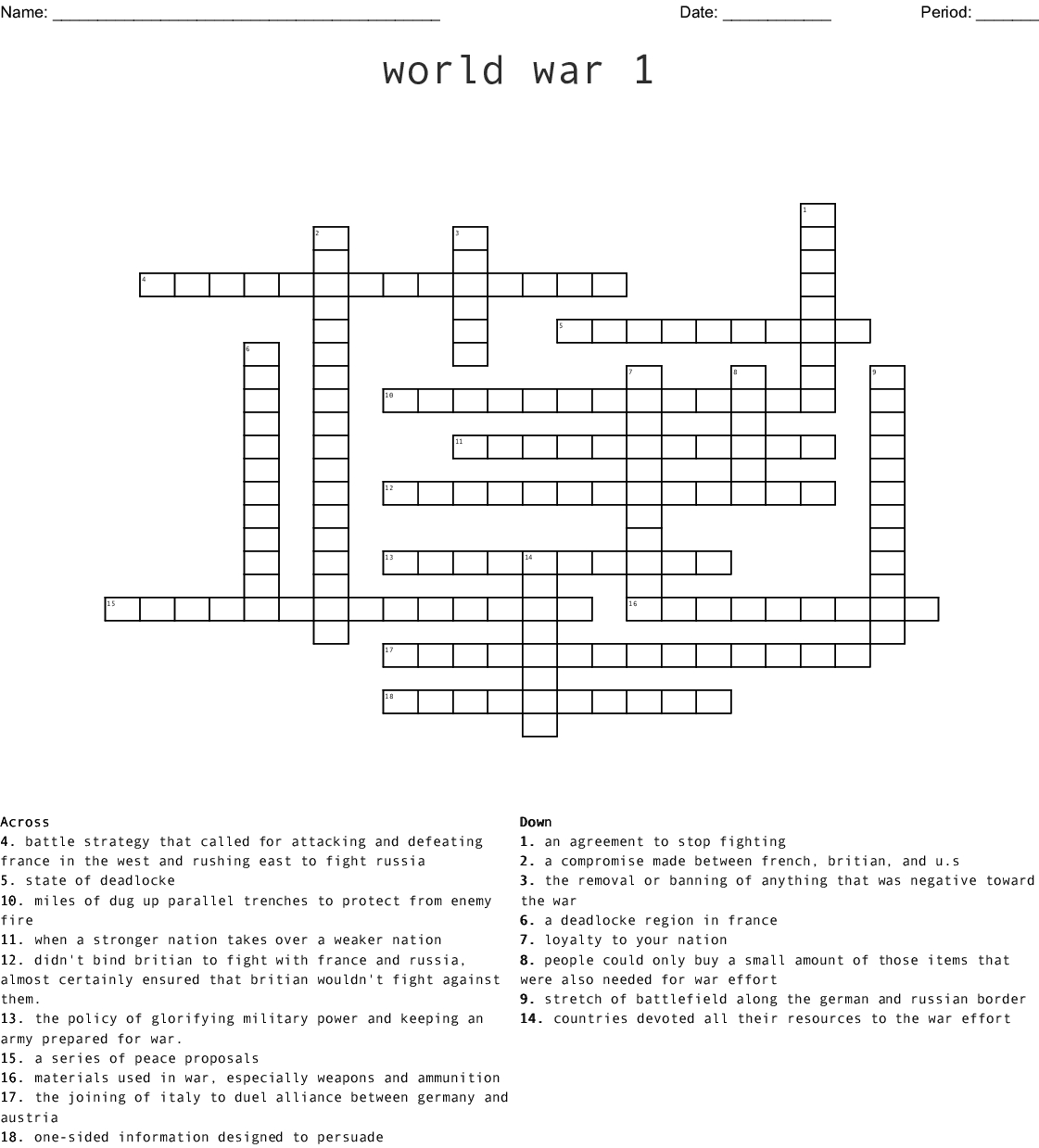 World War 1 Crossword - Wordmint - Wwi Crossword Puzzle Printable