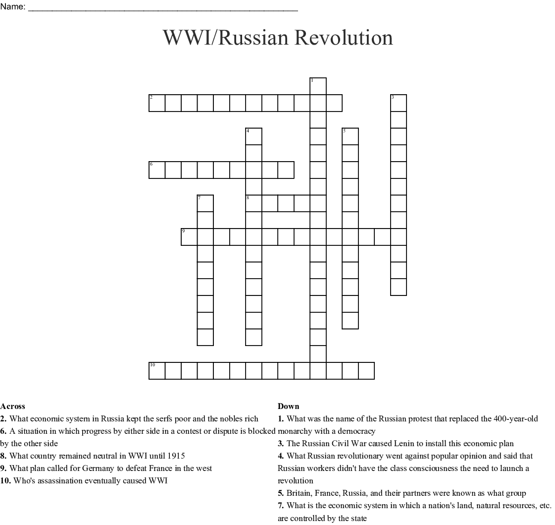 Wwi/russian Revolution Crossword - Wordmint - Printable Russian Crosswords