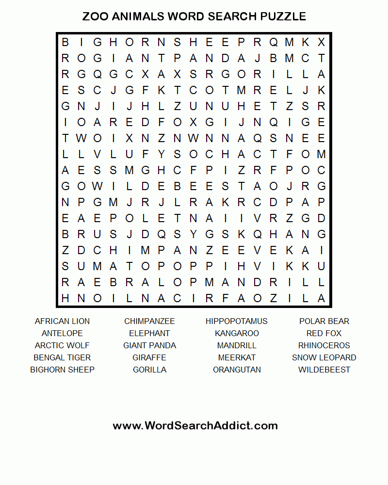 Zoo Animals Word Search Puzzle | Zoo Day Games | Word Puzzles - Printable Puzzles And Word Games